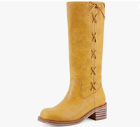 Bottes hautes en cuir kaki pour femme, à bout rond, talon bloc en bois, à lacets, style ferme, décontractées, pour le quotidien, bottes d'équitation