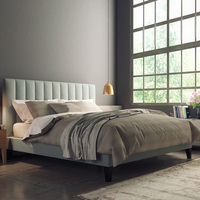 Lit plateforme moderne à profil bas avec tête de lit capitonnée en tissu, cadre en fer, rangement, lit moelleux en bois de manguier, fabriqué au Guangdong