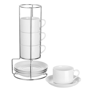 Ensemble de tasses à café en céramique blanche avec soucoupes empilables, design nordique/minimaliste, 4 pièces, pour la maison ou le bureau - Product Image 5