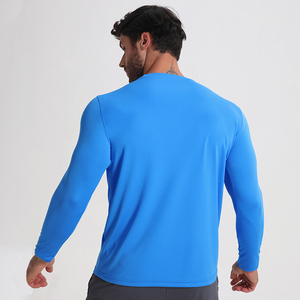100% polyester à manches longues Dryfit col rond hommes chemise de sport Logo personnalisé couleur unie chemise bleue pour hommes - Product Image 3