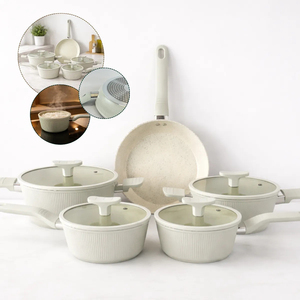 High Quality Ceramic Coated <b>Pot</b> Pan Silicone Glass Lids Soft Touch Handle Non Stick 9Piece Forged Aluminium Cookware <b>Set</b> - Product Image 1