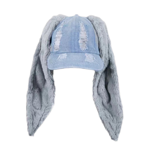 Casquettes de baseball pour femmes en jean denim, motif oreilles de lapin dessinées à la main, effet délavé, graffiti, 100% coton, 6 panneaux, boucle métallique, trous style hip-hop - Product Image 1