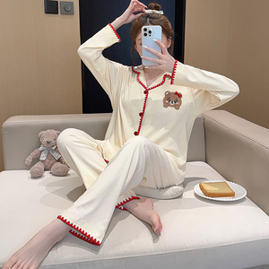 여성용 곰 만화 프린트 칼라 긴팔 바지 세트 가을 홈웨어 파자마 - Product Image 5