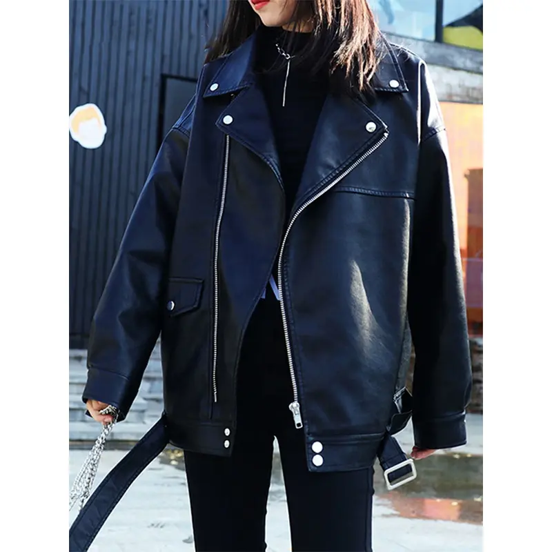 Куртка женская оверсайз из искусственной кожи, корейский стиль, Байкерский стиль, куртка из искусственной кожи в стиле бойфренд, уличная одежда в стиле панк