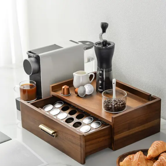 Porte-dosette de café en bois massif gravé en bois avec tiroir Station de café et organisateur Présentoir Boîte de rangement pour la cuisine