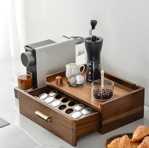 Suporte de café em madeira maciça com gaveta, caixa de armazenamento para café e organizador, suporte de madeira gravado para cozinha