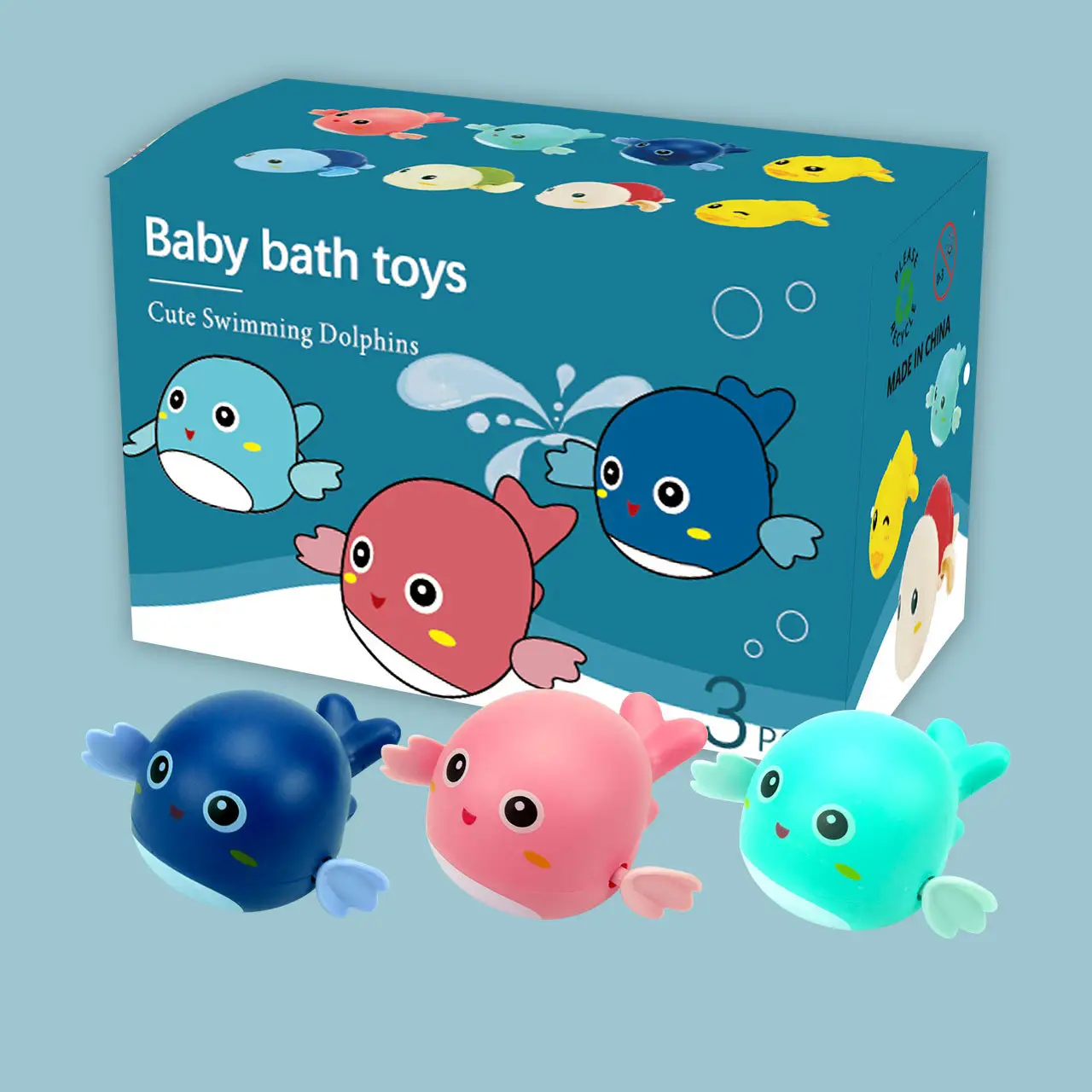 도매 욕실 시계 동물 장난감 욕조 바람 수영 사랑스러운 돌고래 오리 동물 부동 아기 목욕 장난감 수영