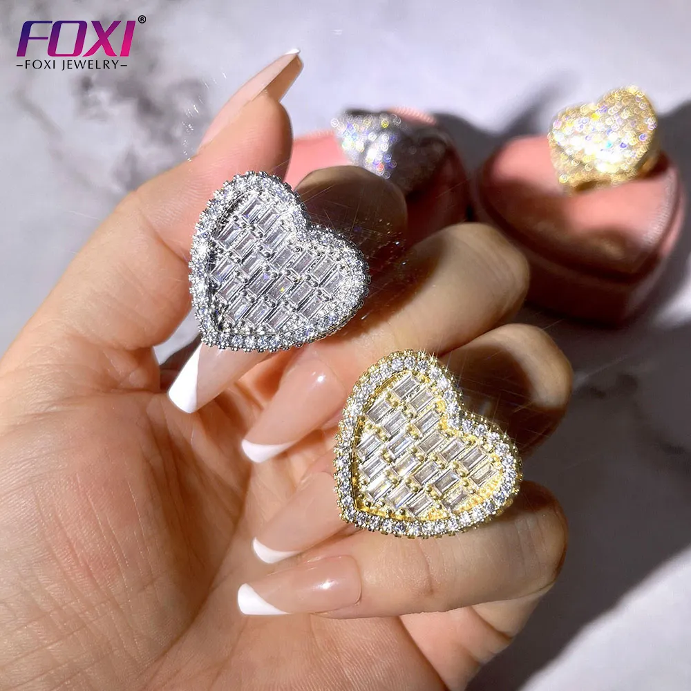 foxi jewelry Iced out heart ring hot selling ice out bling bling gold big heart micro setting shiny heart ring