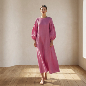 Vestido Midi de Lino Orgánico Hecho a Mano, Estilo Vintage, Cintura Alta, Manga Campana, Bolsillos Laterales con Lazo, Tallas Grandes, para Uso Diario, Precio de Fábrica - Product Image 3