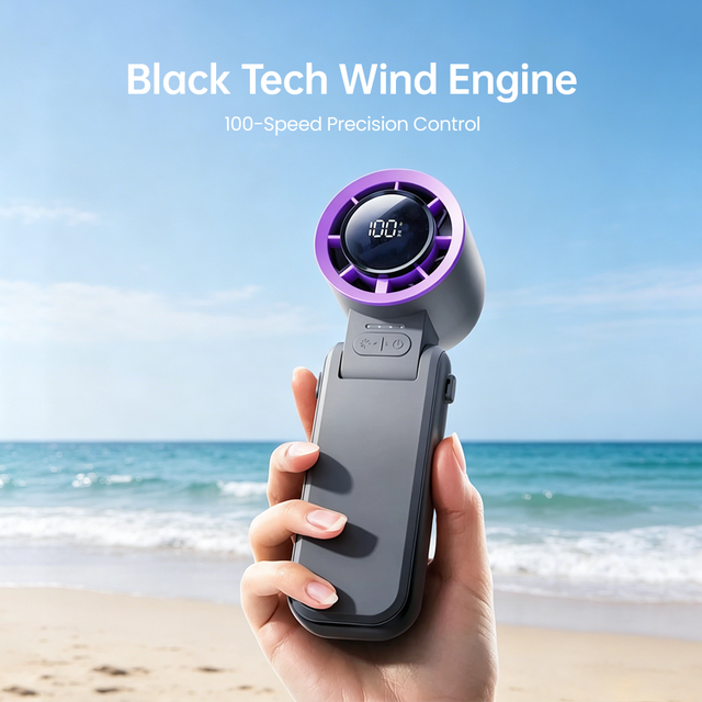 100-Speed Turbo Handheld Wearable Foldable Neck Fan with LED Display Quiet Design Battery Powered Portable