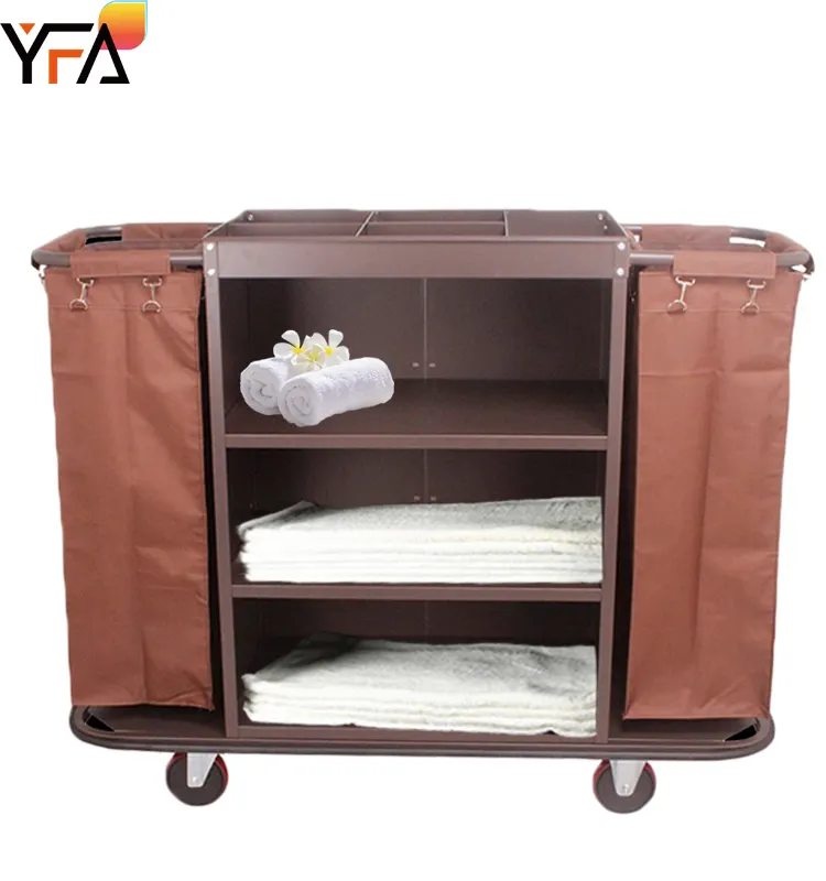 High quality hotel Iron paint housekeeping maid cleaning service trolley cart for Hotel Supplies Cleaning Linen Trolley