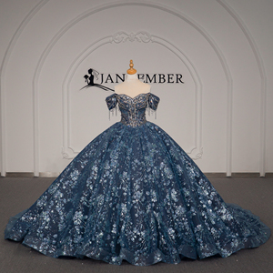 Vestido de Gala Largo Azul Marino con Cuello Barco y Apliques de Pedrería Pesada, Lentejuelas y Borlas Florales Lsmc73-Pz para Fiesta Formal - Product Image 2