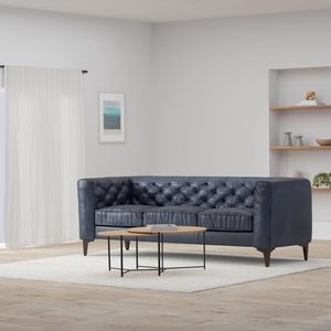 Divano in pelle italiana Vintage da 89 pollici blu notte in Poly corteccia Essex con retro in pelle pieno fiore divano in piuma salotto - Product Image 2