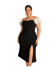 Robe de soirée élégante pour femmes grandes tailles, épaules dénudées, manches courtes en forme de pétales, dos nu, taille cintrée, robe moulante <span class=keywords><strong>mi</strong></span>-longue avec fente latérale - Product Image 1