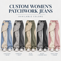 Jean large pour femme, patchwork bicolore, coupe irrégulière, bords effilochés, denim color block, pour un style urbain
