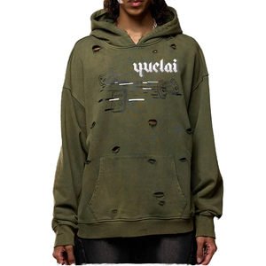 Sweat-shirt à capuche surdimensionné vert olive avec design déchiré et poche avant, streetwear unisexe en coton French Terry - Product Image 1