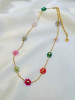 Collier tendance en acier inoxydable plaqué or avec perles florales multicolores pour femme - Bijoux de mode - Fournisseur en gros