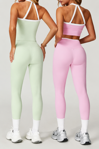 <span class=keywords><strong>Ensemble</strong></span> de sport 2 pièces pour <span class=keywords><strong>femme</strong></span> avec logo personnalisé, bord contrastant, sans couture, taille haute, effet push-up, débardeur dos croisé et pantalon évasé, tenue de yoga et de détente - Product Image 2