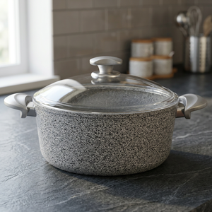 Casserole ronde moderne en fonte émaillée avec couvercle en verre et poignées en acier inoxydable - Product Image 4
