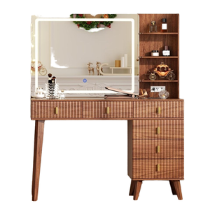 PHOENIX HOME Modern Glass Top <strong>Dressing</strong> <strong>Table</strong> <strong>Large</strong> <strong>Mirror</strong> 6 Drawers Storage Shelves Walnut Fluted Makeup Vanity Desk - Product Image 2