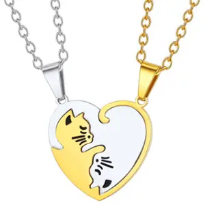 Ожерелье для пар, модное ожерелье с изображением милой кошки, любовника, половинчатого сердца, магнитное ожерелье из нержавеющей стали для пар
