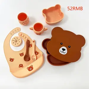 Usine ventes entières bébé Silicone Produits Assiettes D'alimentation Ensemble Pour Enfants Tout-petits Silicone Avec Bavoir Cuillère Fourchette