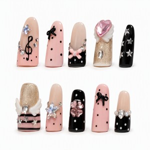 10 faux ongles carrés courts à presser, avec strass 3D, nœud et étoile, style French, pré-dessinés pour femmes - Product Image 4