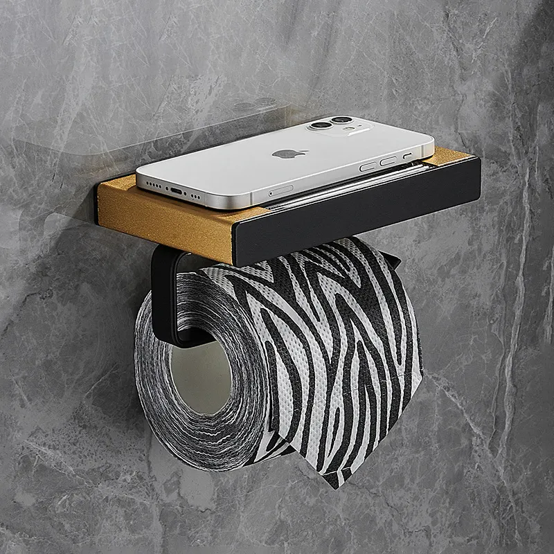black wood wall mounted self adhesive bathroom shelf storage toilet tissue paper roll holder set with phone shelf