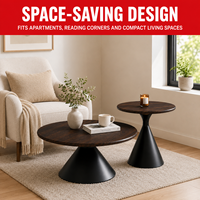 Ensemble de 2 tables basses gigognes - Plateau rond en MDF imitation noyer avec base conique en métal noir pour tables d'appoint modernes de salon