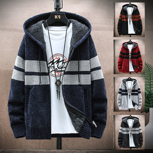 Cardigan da Uomo con Cerniera, Maglione a Righe a Maniche Lunghe, Giacca con Cappuccio a Collo Tondo, Maglione Jacquard da Uomo - Product Image 3