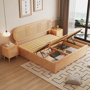 Retro Rattan Solid Wood Double <b>Bed</b> 1.8m 1.5m Storage <b>Bed</b> With Compartments Bedroom Furniture - Product Image 1