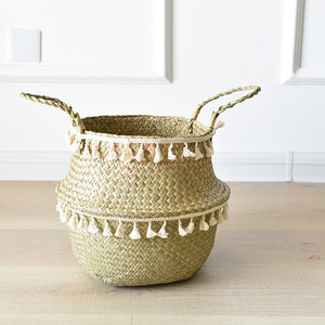 Straw Woven <b>Basket</b> With Tassels Round Handmade Storage <b>Basket</b> For Plants And Home Decor - Product Image 1