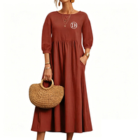 OEM Robes maxi décontractées en coton et lin à manches demi-lanterne de couleur unie pour femmes Robe d'été ample à col rond avec poche