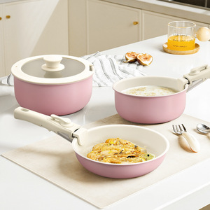 Set di <span class=keywords><strong>pentole</strong></span> da 15 pezzi coreano senza fumo in alluminio con manico staccabile, coperchio in vetro trasparente e wok con fondo a induzione - Product Image 4