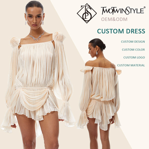 Vestido Mini Elegante Creme com Ombros Descobertos e Cintura Plissada para Mulheres, Vestido de Festa com Manga Longa, Atacado - Product Image 1