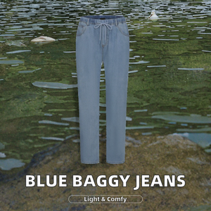 Jeans pour hommes décontractés à motif droit baggy bleu foncé personnalisé imperméable léger 100% coton élégant taille moyenne vente en gros - Product Image 2