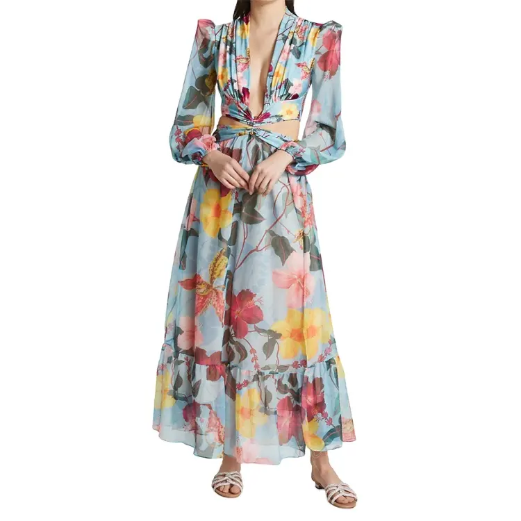 Newest Stylish Causal Sexy V Neck Long Sleeve Ruched Hollow Out Slit Printed Women Holiday Party Maxi Boho Beach Dress