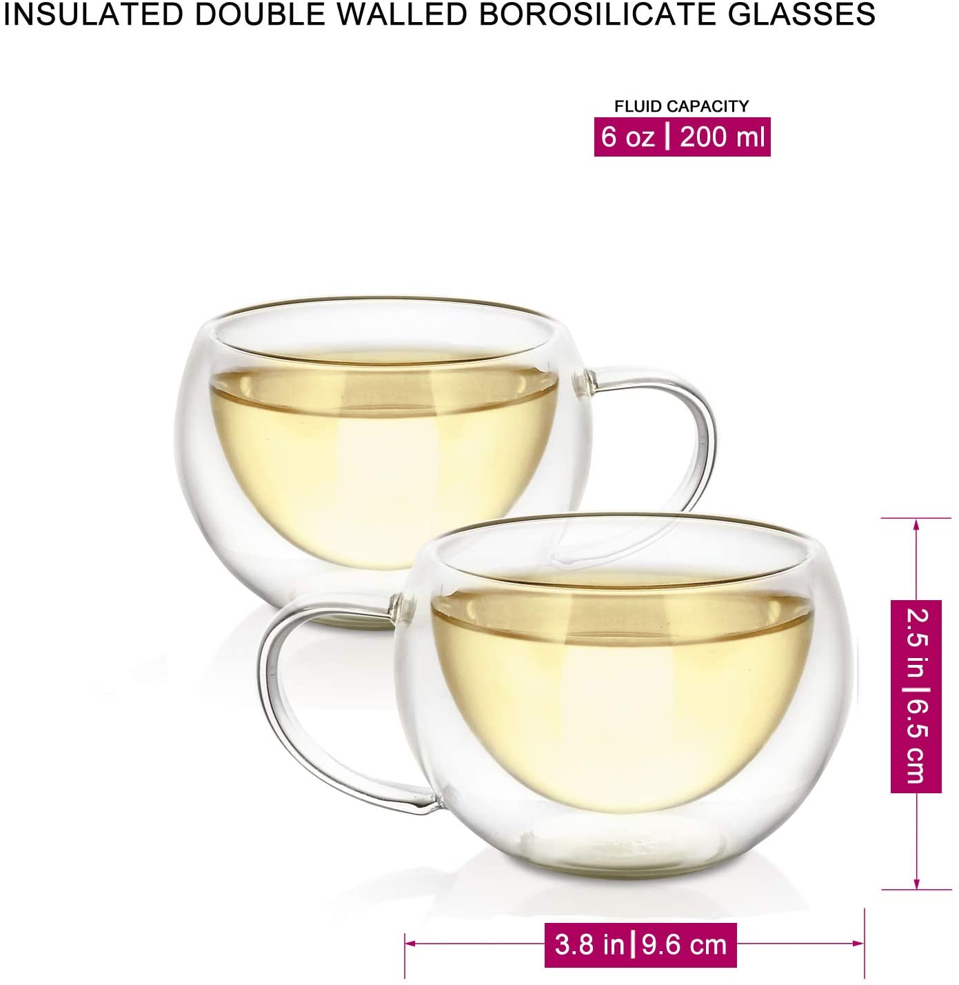 Modern Classic Insulated Cups 6 oz / 200 ml Set of 2 Double Walled Glass Cups for Tea or Coffee