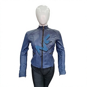 Women's Blue Genuine <b>Leather</b> Motorcycle <b>Jacket</b> Full Sleeve Stand Collar Zipper Closure Sublimation Print Front Logo - Product Image 1