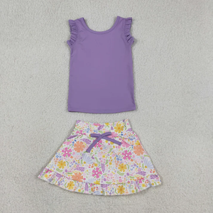 Nouvel arrivage : Ensemble de vêtements de yoga d'été pour enfants, filles, bébés, hauts violets à fleurs, jupe à volants, shorts, tenues - Product Image 2