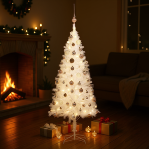 Árbol de Navidad Artificial Blanco de 59.1 Pulgadas Preiluminado con Juego de Bolas, Luces LED Cálidas para Interiores, Base Incluida, Fácil Instalación - Product Image 2