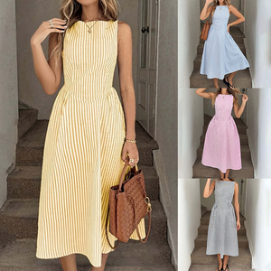 Abito Midi da Donna a Righe Senza Maniche in <span class=keywords><strong>Misto</strong></span> <span class=keywords><strong>Lino</strong></span> Stile Cottage Core, Elegante e Versatile per Ogni Occasione, Spedizione Veloce, MOQ 1 - Product Image 2