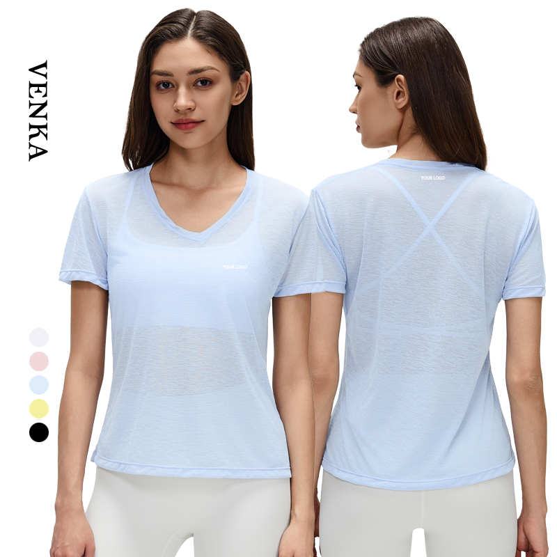 Women 100%Polyester Short Sleeve Running Mesh T-shirt Quick Dry V Neck Backless Sport Fitness Women Breathable Yoga Top T Shirt
