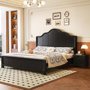 Cama de Madera Maciza Estilo Retro Francés, Tamaño Doble, Color Negro, con Almacenamiento a Presión de Gas, Muebles de Dormitorio Modernos, Cama Matrimonial - Product Image 1