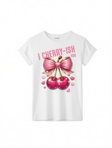 T-shirt da donna con stampa ciliegie, manica corta, girocollo, vestibilità ampia, top casual estivo con fiocco, motivo ciliegie rosa - Product Image 1