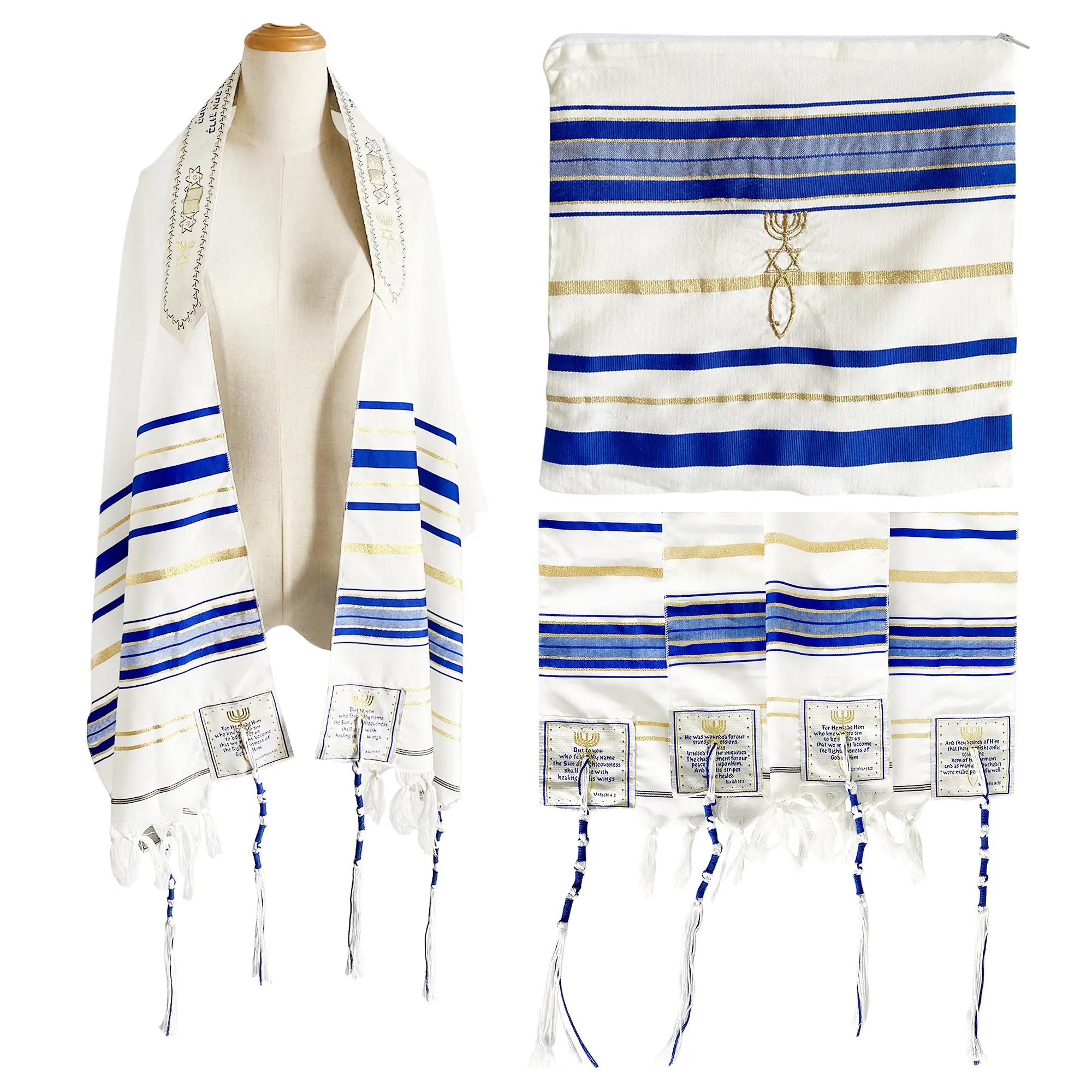 カスタムロゴデザイン72*22インチメシアニックタリット祈りショール、マッチングバッグ付き、イスラエルからの大量卸売イスラム教徒ユダヤ人タリット