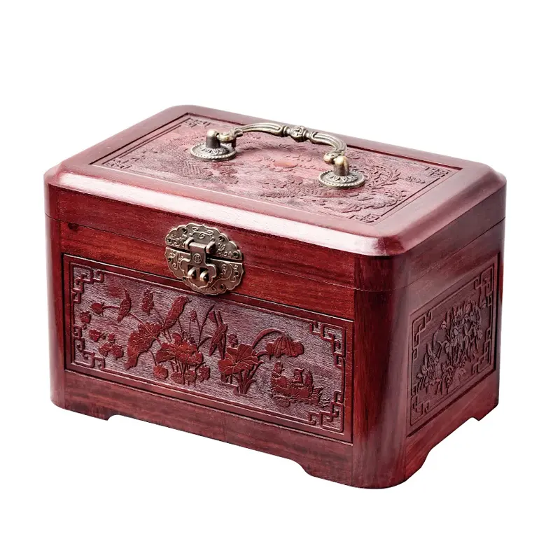 Red sandalwood solid storage box wedding gift dowry jewelry redwood retro with portable household and dressing box