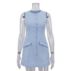 2025 Casual da ufficio in <span class=keywords><strong>cotone</strong></span> corto blu chiaro abito senza maniche estivo da donna - Product Image 4