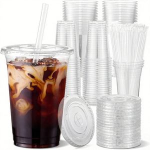 Gobelets jetables transparents en plastique de 16 oz avec couvercles et pailles, sans BPA, pour café glacé, smoothies, jus, sodas et fêtes - Product Image 1