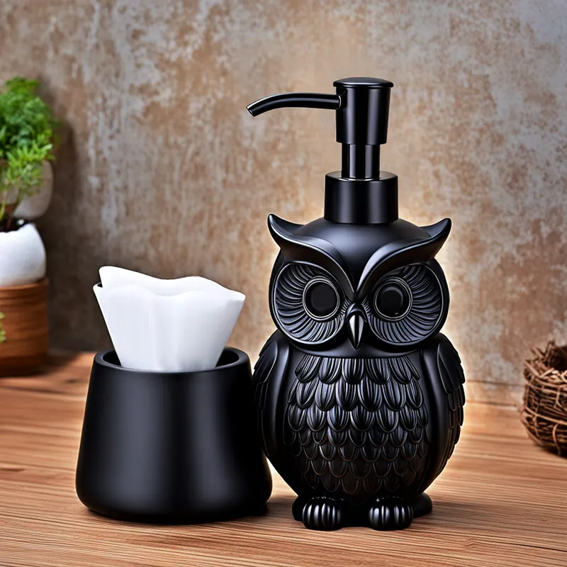 Hotel de lujo cocina baño decoración del hogar personalizado lindo animal mate negro cerámica búho espuma dispensador de jabón líquido botellas conjunto